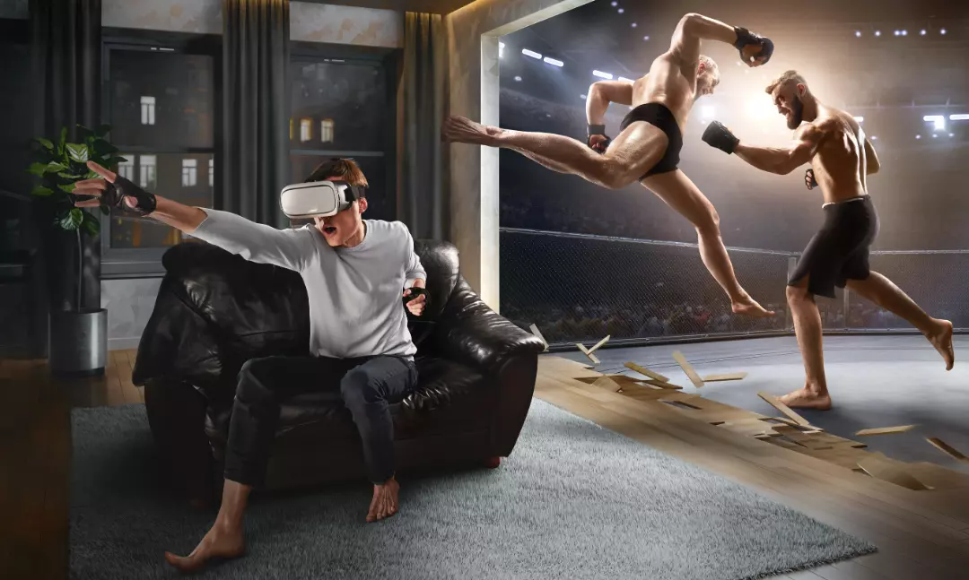 Man in VR Glasses. Virtual Reality with Mixed Martial Arts