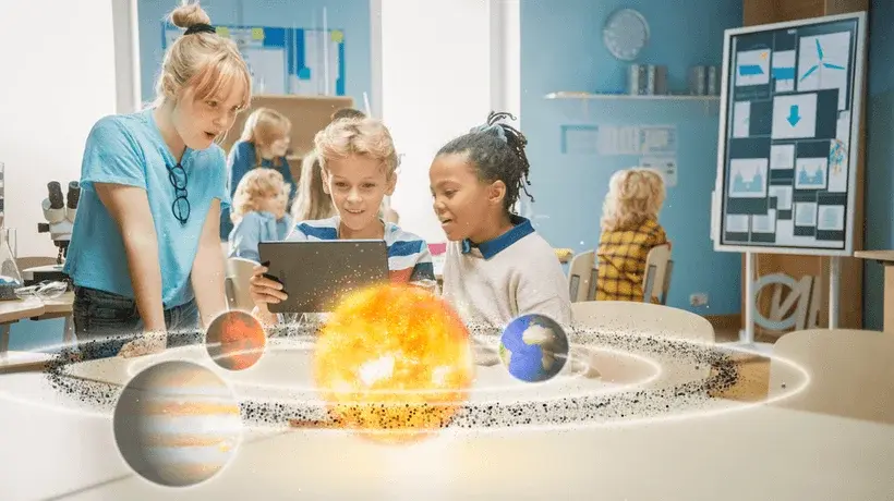 Children using AR to view the solar system