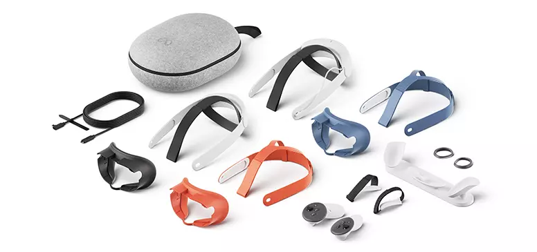 Meta Quest 3 accessories and components, including a gray carrying case, various colored head straps, controllers, charging cable, and other attachments displayed on a white background.