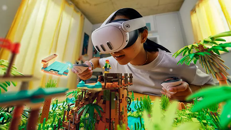 User wearing a Meta Quest 3 headset while interacting with a vibrant mixed reality environment that consists of digital trees, buildings, and characters laid over a real-world setting.