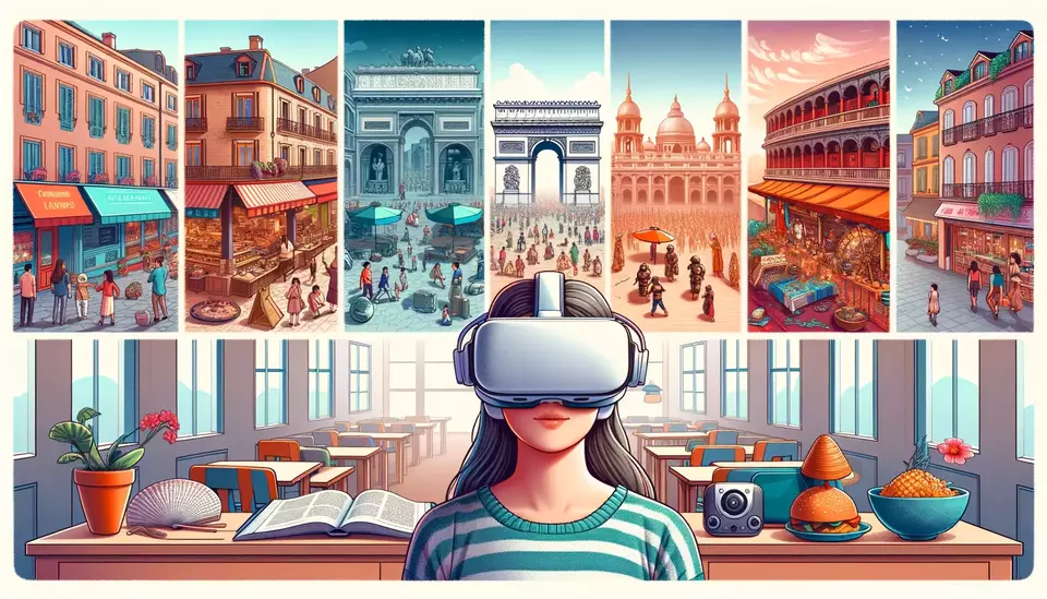 An illustration of a young woman wearing a virtual reality headset in a room with books and decor. Through the VR headset, she's immersed in various global destinations, including European streets, the Arc de Triomphe, and bustling Indian marketplaces, highlighting the diverse cultural experiences accessible through VR.