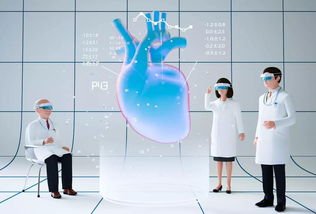 Three medical professionals in a high-tech environment, with two standing and one seated, are analyzing a large, translucent, three-dimensional digital model of a human heart. They are all wearing virtual reality headsets and appear to be interacting with the holographic heart, which is surrounded by floating data and diagrams