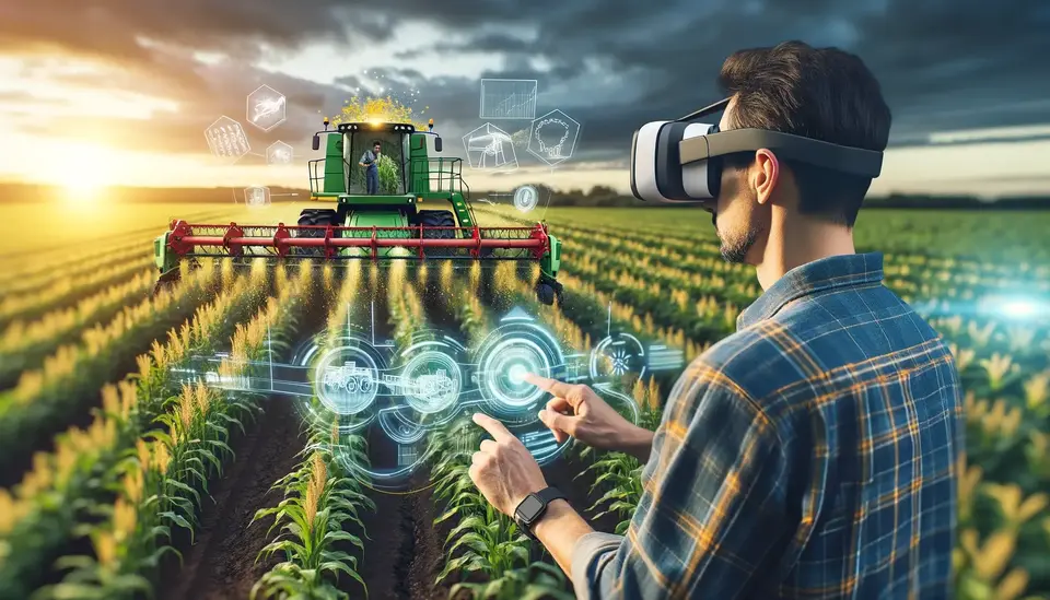 A farmer using virtual reality equipment to manage and monitor a high-tech combine harvester in a cornfield, with digital interfaces displaying data.