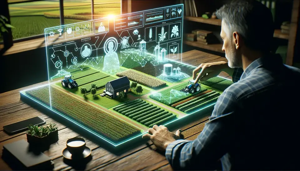 An individual interacting with a futuristic 3D farming simulation, showcasing various agricultural technologies and data analytics.