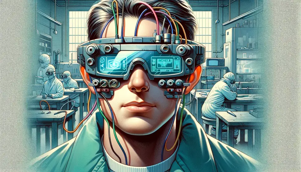 Artistic representation of a person wearing advanced smart glasses with multiple wires and circuitry, set in a high-tech laboratory environment.