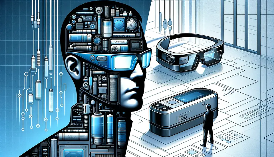 Conceptual illustration of a futuristic smart glasses design with integrated circuitry and data visualization.