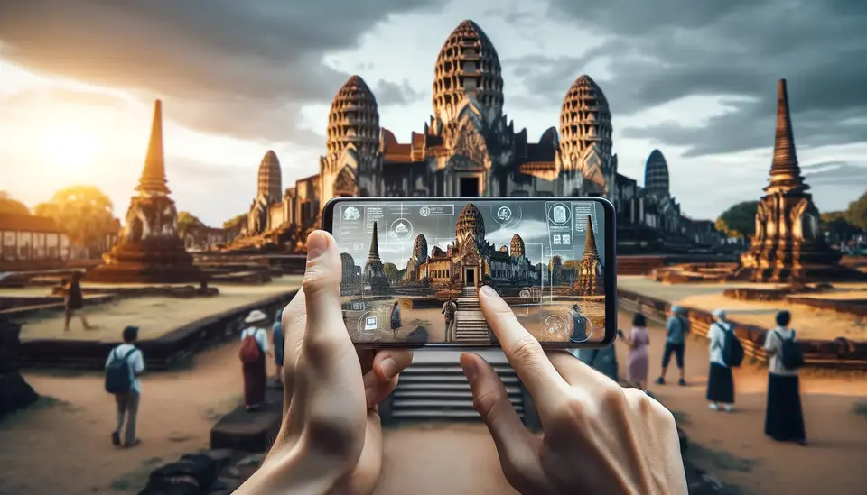 Tourist using augmented reality on a mobile device to access historical information and navigation cues at an ancient temple site, blending physical and digital experiences.