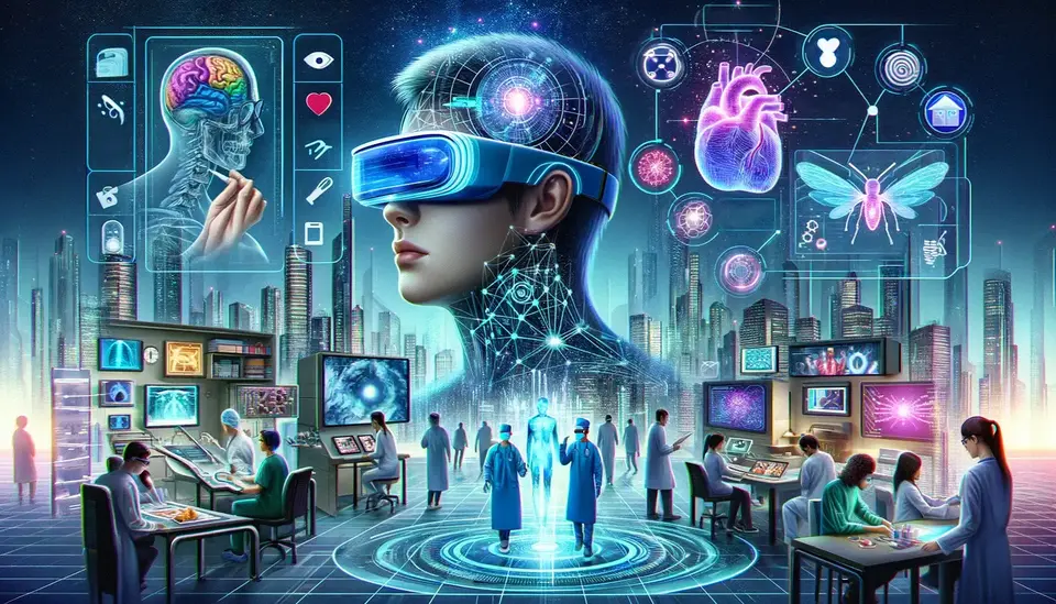 A vibrant depiction of a person wearing AR glasses, surrounded by holographic images of medical, scientific, and technological symbols, with professionals working on futuristic interfaces in the background, showcasing AI's impact on AR-enhanced collaborative workspaces