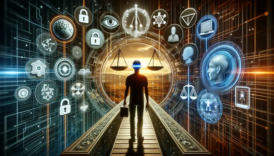 Silhouette of a figure standing at the entrance of a virtual bridge, facing a sunset horizon with a VR headset glowing with blue light, surrounded by icons representing legal, ethical, and scientific concepts, illustrating the deliberation of AI ethics in an AR environment.