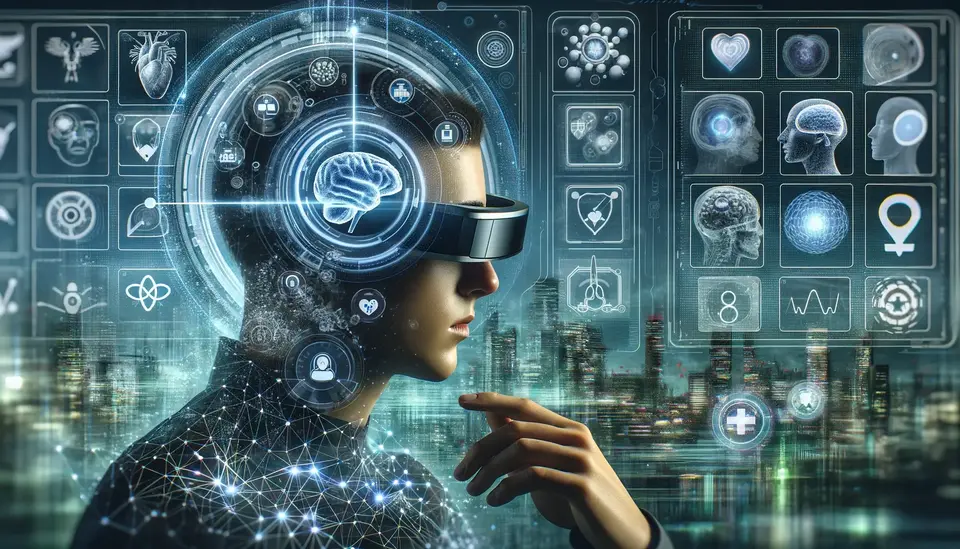 A person with a futuristic headset is interfacing with a complex array of virtual icons representing different aspects of health, biology, and technology, symbolizing the convergence of AI and AR in modern healthcare and data analysis.