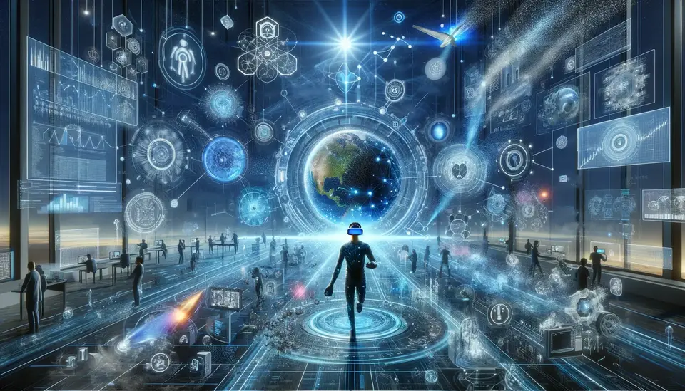 Futuristic interface with a person in MR gear standing before a holographic projection of Earth, surrounded by dynamic digital infographics and data visualizations, symbolizing the integration of AI in MR technology.