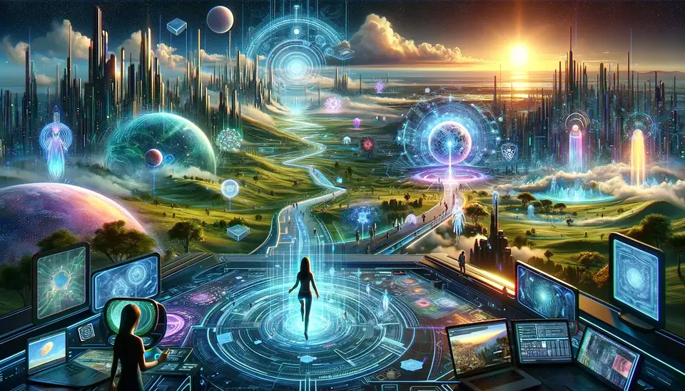 An expansive and vibrant digital metropolis in the Metaverse, enhanced by artificial intelligence. The image shows a central figure, a silhouette of a person facing away, standing at the forefront of a technologically advanced control platform overseeing a landscape filled with futuristic structures, glowing energy fields, and holographic displays under a dynamic sky with floating celestial bodies.