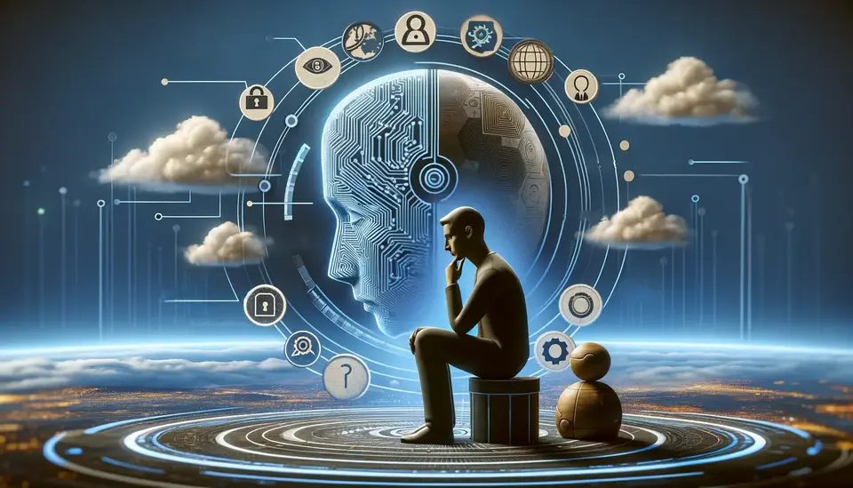 A digital illustration presenting a reflective moment in the Metaverse with a focus on artificial intelligence. It features a humanoid figure seated, deep in thought, against a backdrop of a large, brain-shaped network of circuits. The surroundings are adorned with futuristic icons symbolizing various technologies and data elements floating against a cloudy sky over a digitally-rendered cityscape at dusk.