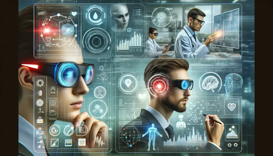 Collage of professionals using augmented reality smart glasses with various data visualizations and medical, educational, and business applications displayed in holographic projections.
