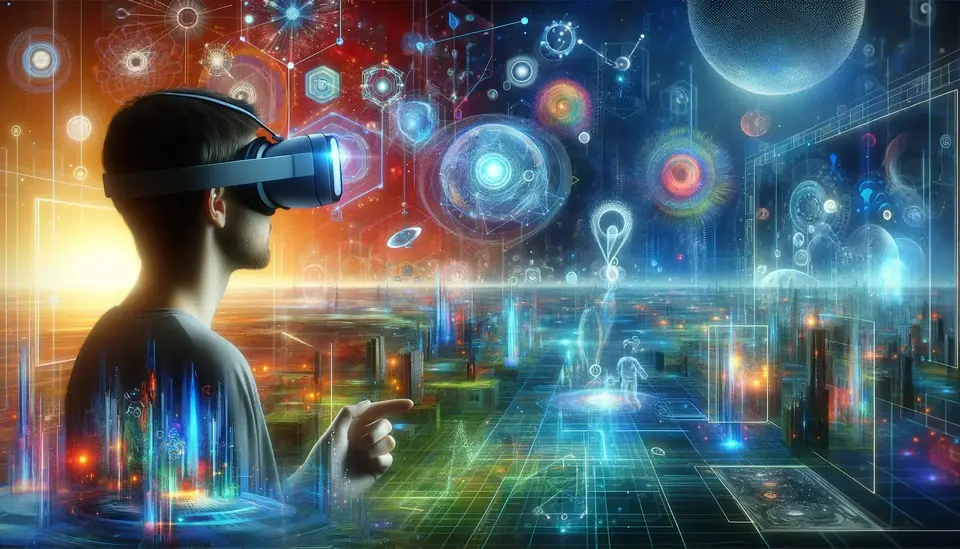 A person immersed in a vibrant virtual reality environment, wearing a VR headset and pointing with their hand. They are surrounded by a multitude of floating, luminescent digital elements and holographic interfaces, representing advanced virtual constructs and data streams. The backdrop is a futuristic cityscape, with layers of digital information superimposed, signifying the integration of Sora AI with virtual reality technology.