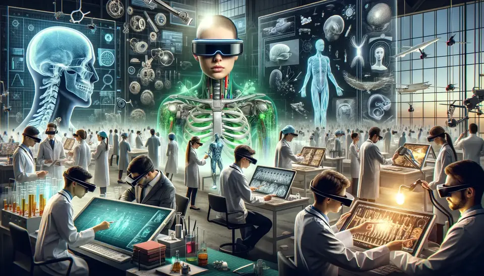 Image depicting the advanced world of Mixed Reality powered by Sora, an AI model by OpenAI. It features an industrial design studio where engineers with smart glasses are interacting with 3D models. In another section, medical professionals train with mixed reality, engaging with realistic human anatomy projections. Additionally, educators are shown using augmented reality to vividly illustrate historical events to students. The overall ambiance is futuristic and dynamic, emphasizing Sora's versatility and transformative impact across various industries.