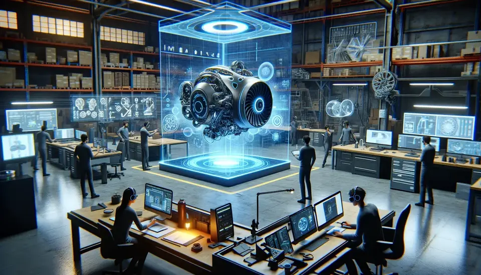 A futuristic scene showcasing the integration of Sora, an advanced AI model, into a mixed reality environment. The setting is an industrial design studio where engineers and designers are using MR headsets to interact with a 3D product model in real space. The model should appear as a holographic projection, with designers making real-time modifications, such as changing colors or resizing components. The environment should look high-tech and innovative, illustrating the seamless blend of the digital and physical worlds, highlighting the transformative impact of MR technology in industrial design.