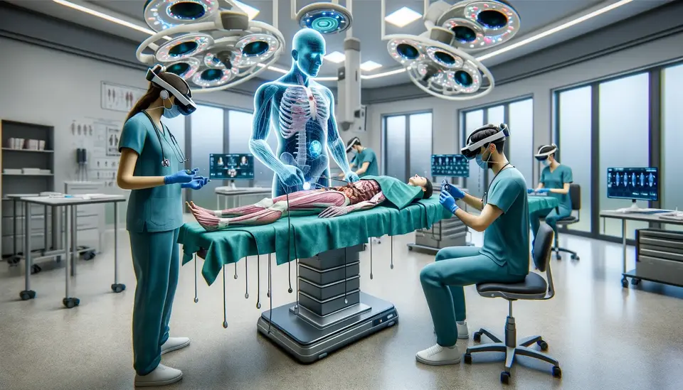 A mixed reality scene in a medical training facility where medical students are wearing MR headsets to perform virtual surgeries on Sora-generated patients. The scene should depict a high-tech, immersive training environment with detailed, anatomically accurate holographic human models. Students are engaged in a surgical procedure, demonstrating the use of MR technology for educational purposes. The room should appear advanced and clinical, emphasizing the use of MR for enhancing medical training and preparing students for real-life surgeries.