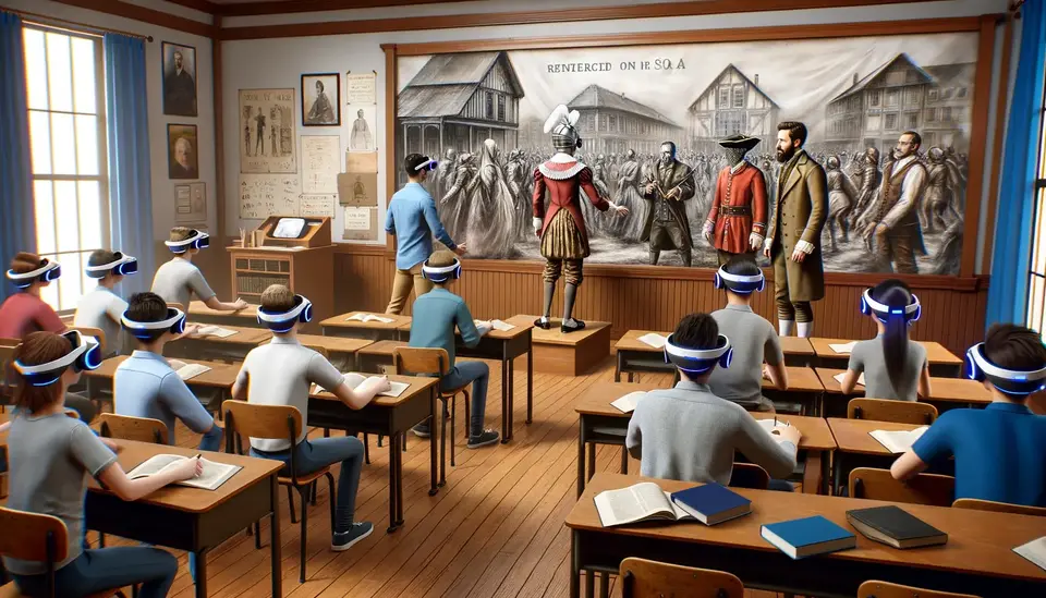 A dynamic and engaging mixed reality classroom scene where high school students are witnessing a reenactment of a historical event, created by Sora in MR. The scene should depict a lifelike, immersive historical setting with characters and environments generated by Sora. Students are wearing MR headsets and are visibly amazed as they interact with the historical figures and setting around them. The classroom should be a blend of a traditional educational setting and advanced MR technology, showcasing the transformative impact of Sora in enhancing interactive and immersive learning experiences in history classes.