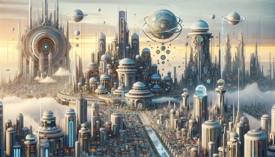 A futuristic cityscape representing virtual real estate and architecture in the metaverse, with detailed, imaginative buildings and landscapes. The scene should depict a blend of traditional and futuristic architectural styles, featuring a variety of structures like high-rise buildings, domes, and floating elements. The environment should feel immersive, with a sense of depth and scale, showcasing how an advanced AI like Sora could generate such a world. The image should evoke a sense of wonder and possibility, illustrating a virtual world where anything is possible, blending real-world architectural concepts with fantastical elements.