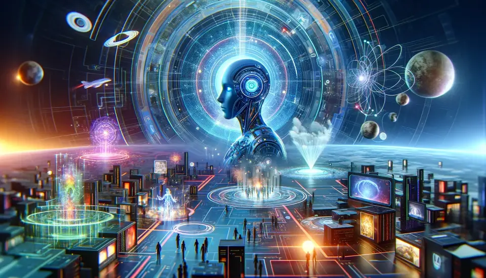 A futuristic featured image for a blog post about 'Case Studies and Applications of Sora on Metaverse'. The image should depict the Metaverse as a vibrant, digital realm. It should include elements like virtual real estate, immersive events, and dynamic gaming. The central focus should be on Sora, represented as an advanced AI entity, possibly as a hologram or digital avatar, interacting with these elements. The visual should convey a sense of digital interaction and creativity, with a nod towards AI-driven video generation. The aspect ratio should be 16:9 to fit a blog header.