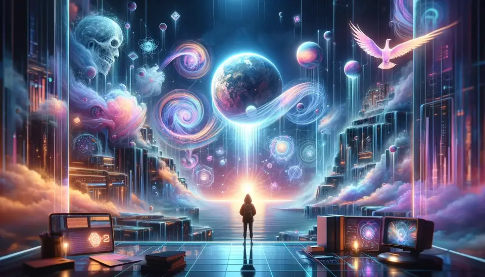Featured image for a blog post titled 'Case Studies and Applications of Sora on Metaverse', in a captivating 16:9 format. The image artistically represents the Metaverse, incorporating elements like virtual real estate, immersive events, and dynamic gaming. At the center is the concept of video generation using SORA, an advanced AI by OpenAI, symbolized through futuristic visuals. These include AI-generated landscapes, holographic interfaces, and a seamless blend of virtual and augmented reality elements. The atmosphere exudes digital interaction and creativity, portraying a new era in the Metaverse.