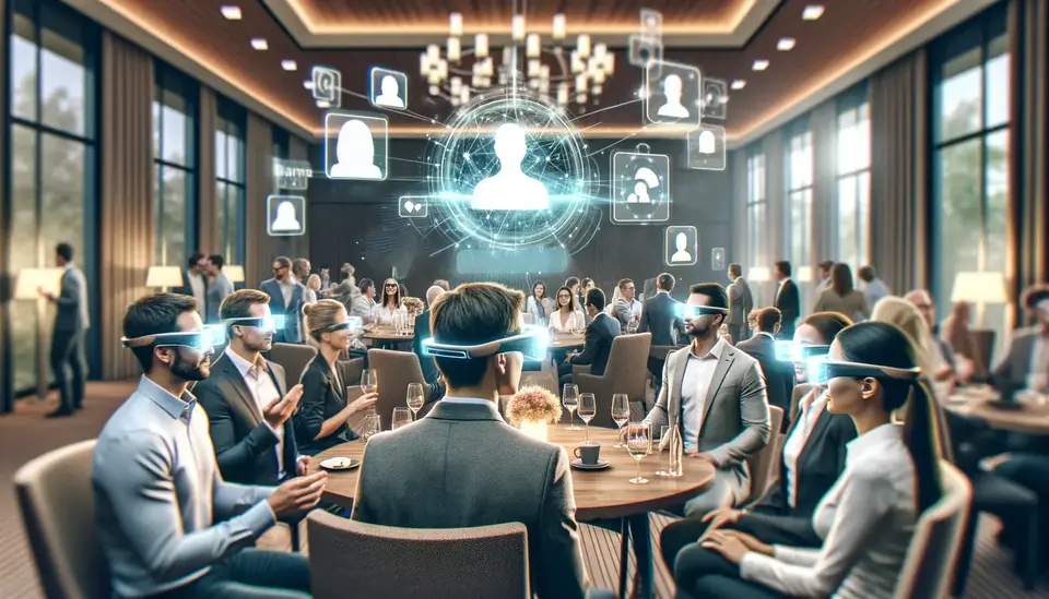 An image depicting a social event where attendees are using Sora-enabled smart glasses. The setting is a modern, well-lit conference room with people engaged in conversations. Some attendees are wearing smart glasses that display holographic information above the heads of people they are looking at. This information includes names, LinkedIn profiles, and shared interests. The augmented reality elements are semi-transparent and visually appealing, enhancing the networking experience. The overall atmosphere is friendly and interactive, showcasing the potential of smart glasses in facilitating social connections and networking at events.