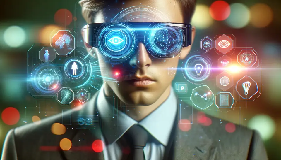 An image representing the convergence of AI and wearable technology. It shows a person wearing smart glasses which are displaying holographic projections of various AI-related symbols and data, emphasizing the advanced integration of technology. The smart glasses are sleek and modern in design, and the holographic projections are vibrant and futuristic, showing a seamless blend of digital and physical worlds. The background is blurred to focus on the glasses and the projections, highlighting the concept of augmented reality and AI-enhanced perception.