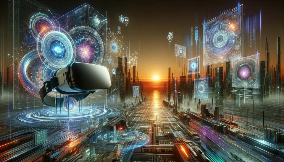 A futuristic and visually striking featured image for a blog post about the impact of 'Sora', an advanced AI model by OpenAI, on virtual reality content creation. The image should showcase a virtual reality environment, where AI-generated, realistic and dynamic scenes are emerging from textual prompts. Emphasize the concept of AI video generation, with a background that reflects a digital, technologically advanced atmosphere. Include elements representing virtual reality like a VR headset, holographic displays, and digital codes, all converging around the theme of AI-driven creativity in VR.