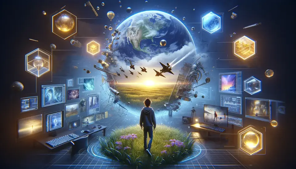 A dynamic image depicting Sora's role in enhancing augmented reality (AR) environments. The scene shows a person in an AR simulation, with high-resolution images and videos created by Sora surrounding them. These visuals should include natural scenes, digital art, and dynamic camera motions, demonstrating Sora's realistic video generation capabilities. The person is interacting with these elements, showing a seamless blend of real and virtual worlds. The environment should look immersive and lifelike, emphasizing the depth and realism Sora brings to AR experiences.