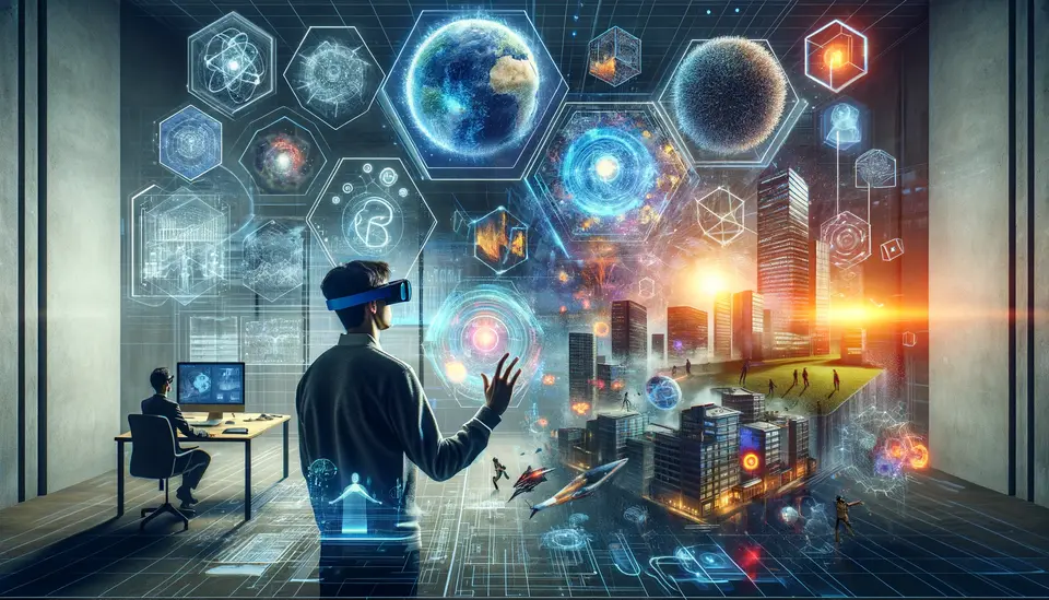 A conceptual image representing the intersection of mixed reality (MR) and AI-driven content creation. The scene features a person wearing smart glasses, immersed in a digitally enhanced environment that blends the real and virtual worlds. The environment includes both physical objects and holographic projections seamlessly interacting. The holograms display a variety of dynamic, realistic scenes, such as a virtual forest, an urban cityscape, and abstract digital elements, symbolizing the diverse capabilities of AI in MR. The person is engaged in creating and manipulating these holographic elements using hand gestures, illustrating the interactive nature of MR. The image should capture the essence of innovation and futuristic technology, showcasing the potential of MR and AI in transforming digital experiences.