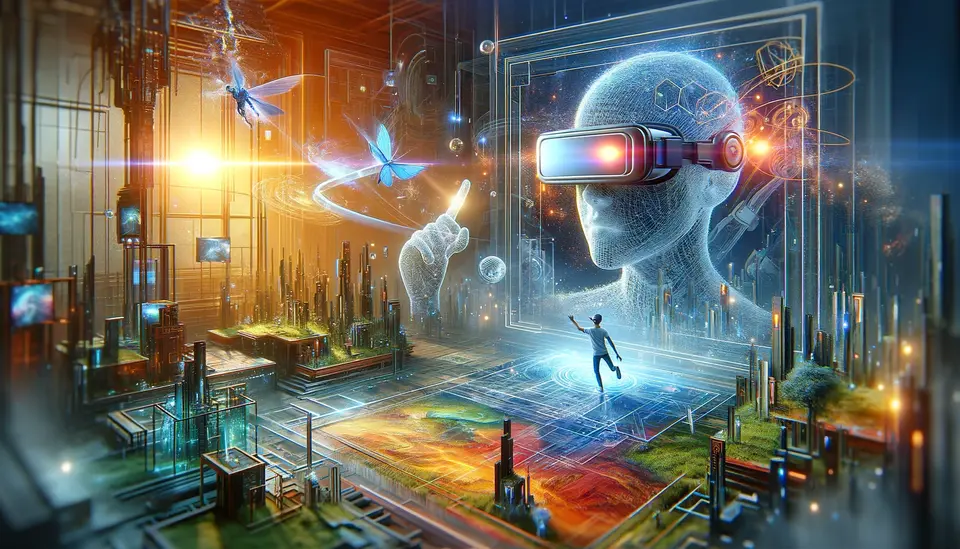 An imaginative and futuristic image representing the concept of 'Sora's Impact on Mixed Reality Content Creation'. The image should depict a scene where advanced AI-driven video generation is merging the physical and digital worlds. This should be represented by a blend of realistic and digital elements, such as a person wearing smart glasses and interacting with a mixed reality environment. The environment should show a seamless integration of virtual and real-world elements, emphasizing the transformative effect of Sora on mixed reality. The overall tone should be innovative and futuristic, capturing the essence of advanced technology in mixed reality content creation.