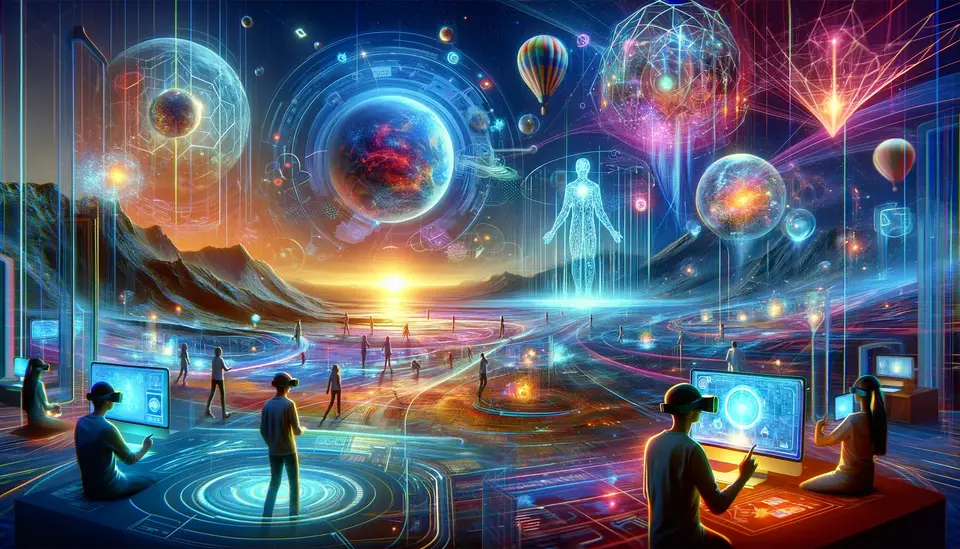 An image depicting a futuristic, immersive virtual world representing the Metaverse. It should feature a blend of physical and digital elements, with a vivid, colorful landscape. In the foreground, users wearing VR and AR headsets interact with holographic interfaces and 3D digital objects. The environment should be dynamic, showing elements of advanced technology and creativity, embodying the concept of a shared virtual space. This scene should visually represent the intersection of virtual reality, augmented reality, and the Metaverse, emphasizing the advanced nature of these technologies and their potential for rich, interactive experiences.