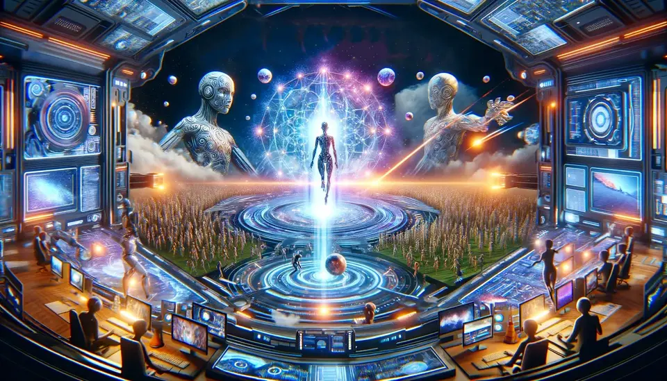 The image is about 'Sora's Impact on Metaverse Content Creation'. It visually represents the advanced AI capabilities of Sora in the Metaverse. The scene depicts a futuristic, dynamic, and immersive virtual environment that is being shaped and evolved by Sora's technology. There are elements of virtual reality, augmented reality, and mixed reality blended together, illustrating the concept of AI-driven video generation in the Metaverse. The environment should appear realistic and highly detailed, emphasizing the power of AI in creating interactive and engaging virtual worlds for storytelling and interaction.