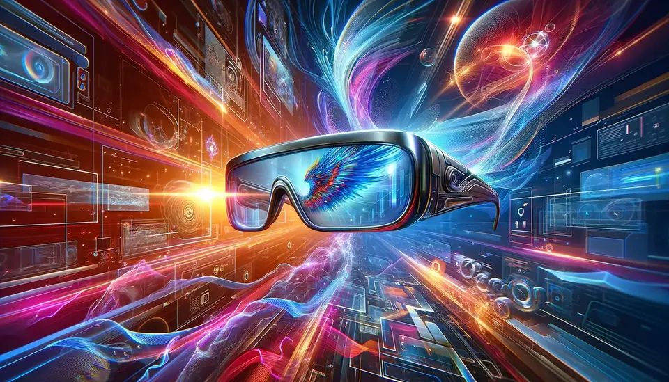 A pair of Smart Glasses displaying vibrant, dynamic digital content, illustrating the device's impact on enhancing and revolutionizing content creation.