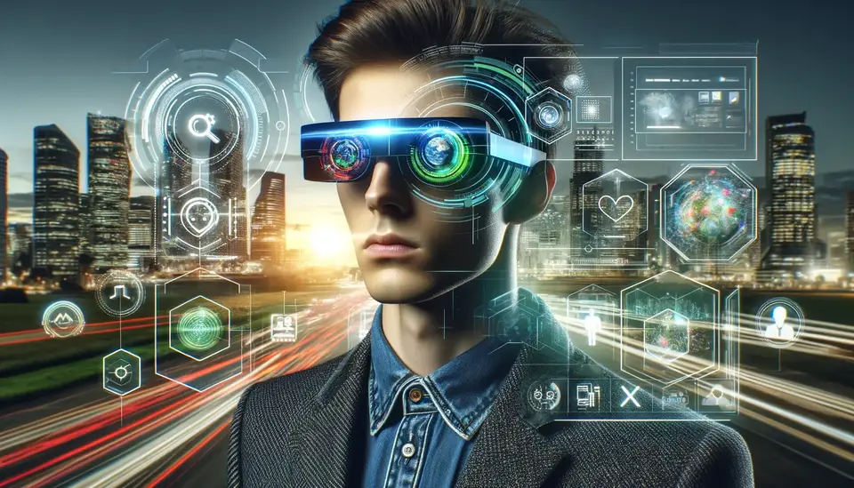 A futuristic image depicting a person wearing smart glasses with a sleek and modern design. The glasses are displaying various types of augmented reality (AR) information, like navigation data, social media notifications, and augmented overlays of the environment. The person is in an urban setting, with the cityscape visible in the background. The AR display should appear vibrant and futuristic, showcasing the high-tech capabilities of the smart glasses. The overall scene should convey a blend of fashion and cutting-edge technology, emphasizing the hands-free, interactive experience that smart glasses offer.