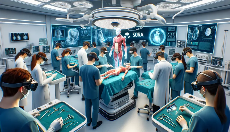 Illustration of futuristic medical training simulation within a VR environment, highlighting Sora's integration. The scene displays a virtual operating room, where students are practicing surgical techniques on a virtual patient. The environment is highly detailed and anatomically accurate, showcasing Sora's ability to generate realistic scenarios based on specific surgical procedures. The students, wearing VR headsets, interact with virtual surgical tools, receiving immediate feedback on their actions. This visualization emphasizes the immersive, hands-on learning experience provided by Sora-enhanced VR, making complex skills more accessible to students. The overall atmosphere  focused learning and innovation in medical education.