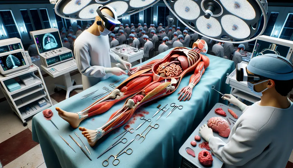 A highly detailed, anatomically accurate 3D simulation of a human body for medical training. The scene is set in a virtual reality environment designed for medical students to practice surgical techniques. The VR simulation includes various medical tools and equipment, with the virtual patient lying on the operating table. Students, wearing VR headsets, are depicted performing a surgical procedure, showcasing their ability to interact with the virtual organs and tissues in real-time. This scenario highlights the advanced capabilities of AI in generating realistic medical training environments, enhancing learning through practical experience.