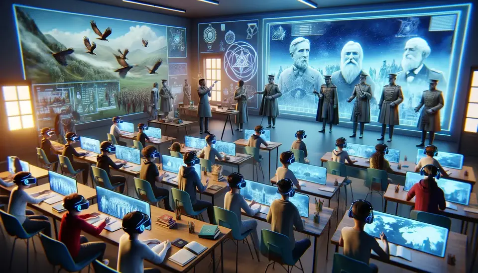 Imagine a futuristic classroom where students are fully immersed in a virtual reality environment, learning about historical events. They are wearing VR headsets and interacting with dynamic, 3D historical figures and environments generated by an advanced AI system named Sora. The classroom is equipped with state-of-the-art technology, featuring interactive displays and holograms that show statistics, maps, and other relevant information to enhance the learning experience. Students are engaged, moving around, and discussing among themselves as they explore the virtual world created by Sora, which adapts in real-time to their interactions and questions. The scene captures the essence of modern, immersive learning, where technology bridges the gap between education and experience, making complex concepts accessible and engaging for all types of learners.