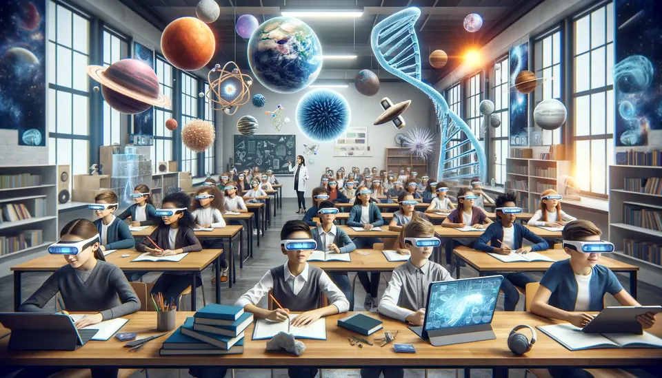 Modern classroom with diverse students wearing AR glasses, interacting with floating 3D models of planets, DNA strands, and historical artifacts. Teacher at the front controls the AR content with a tablet, showcasing immersive AR-based learning.