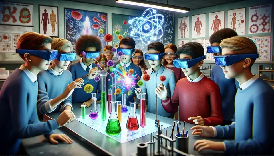 Students wearing AR glasses engaged in an interactive science experiment, observing a 3D simulation of a chemical reaction with vivid colors on a lab bench. Their faces show fascination as they manipulate the reaction using hand gestures, surrounded by scientific posters and equipment, highlighting AR technology's role in education.