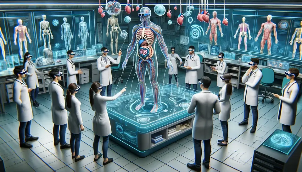 Medical students in a lab using AR glasses to explore a 3D model of the human body, highlighting anatomical systems in different colors. The scene shows students discussing around the interactive model, with advanced technological tools in the room, showcasing innovative medical education through AR technology.