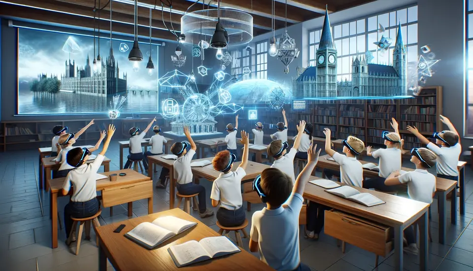 Students in a modern classroom wearing AR glasses, interacting with 3D models of historical landmarks, showing curiosity and amazement. The room features digital screens and interactive whiteboards, illustrating the integration of AR technology in education and highlighting the dynamic, immersive way students learn about history.