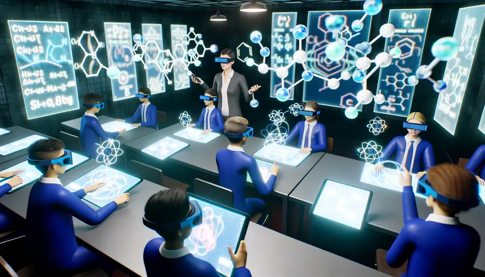 Futuristic classroom with students wearing AR glasses, engaging with 3D models of chemical reactions. The room boasts advanced technology like touch-sensitive surfaces and holographic displays, with AR glasses showing tailored educational content. The teacher uses a tablet to monitor and adjust the learning experience, highlighting personalized, immersive learning through AR technology and AI.