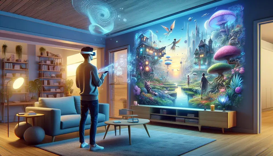 Individual in a living room immersed in an AR storytelling experience with Sora by OpenAI, using smart glasses to interact with vivid, digital projections of fantastical landscapes and characters. The room blends physical and augmented elements, demonstrating Sora's storytelling capabilities. The user is engaged with lifelike environments and interactive characters, showcasing the transformation of storytelling into an immersive AR experience with high fidelity and resolution.