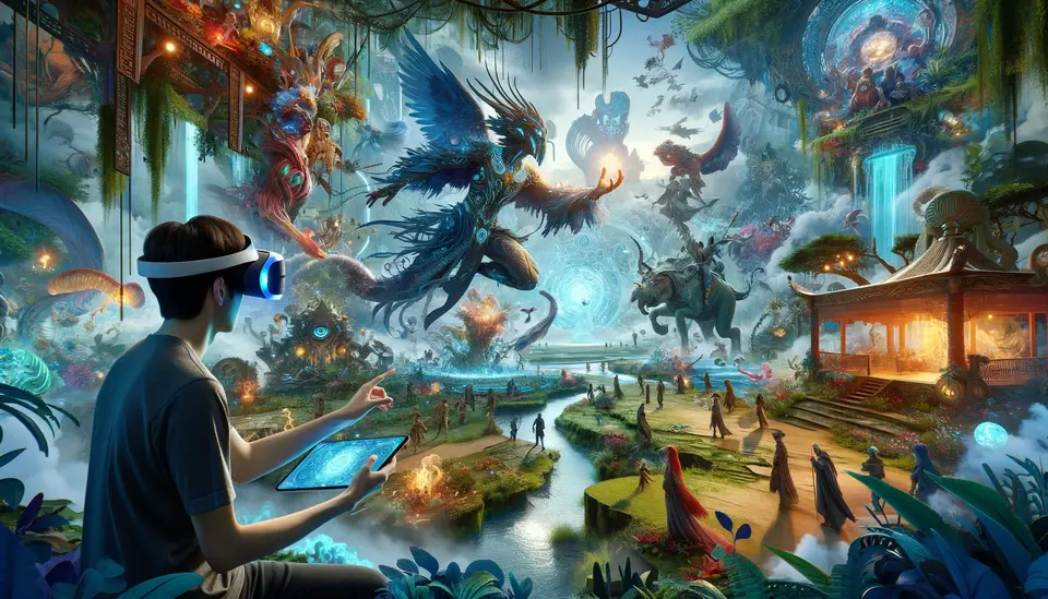 Players engaged in an augmented reality game developed with Sora, wearing AR headsets in a dynamic, detailed world. The scene features fantastical creatures and lush environments that merge with the physical space, showcasing the immersive experience created by advanced AI. The game represents the future of gaming and entertainment, with augmented reality and AI technology enhancing interactivity and bringing imaginative worlds to life.