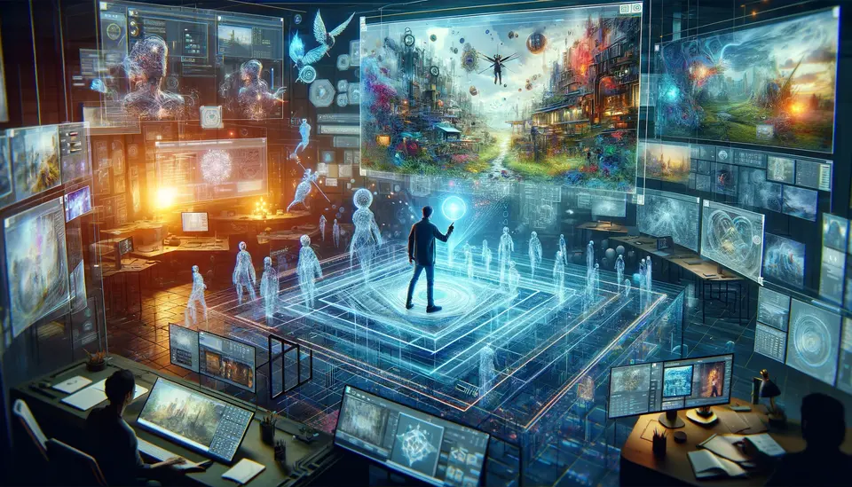 Inside a high-tech control room with multiple screens displaying various augmented reality (AR) scenarios, a central figure stands commanding a futuristic AR interface. Holographic images of people and fantastical landscapes float in the air, each telling a different story. The room is bustling with activity from individuals at workstations, deeply engaged with the advanced AR technology powered by Sora, illustrating the system's profound effect on narrative creation and immersive storytelling.