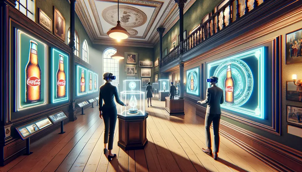A vintage and elegant virtual museum interior, softly lit, with interactive holographic displays showcasing a beverage brand's history. Visitors, equipped with VR headsets, are engaged in a journey through time, exploring interactive exhibits that highlight the brand's iconic advertisements and product designs. The atmosphere is immersive and educational, with elements of the brand's legacy tastefully integrated into the virtual environment. This visualization captures the essence of how VR technology can enhance brand storytelling, offering a deep and engaging exploration of a company's heritage and values in a modern, interactive format.
