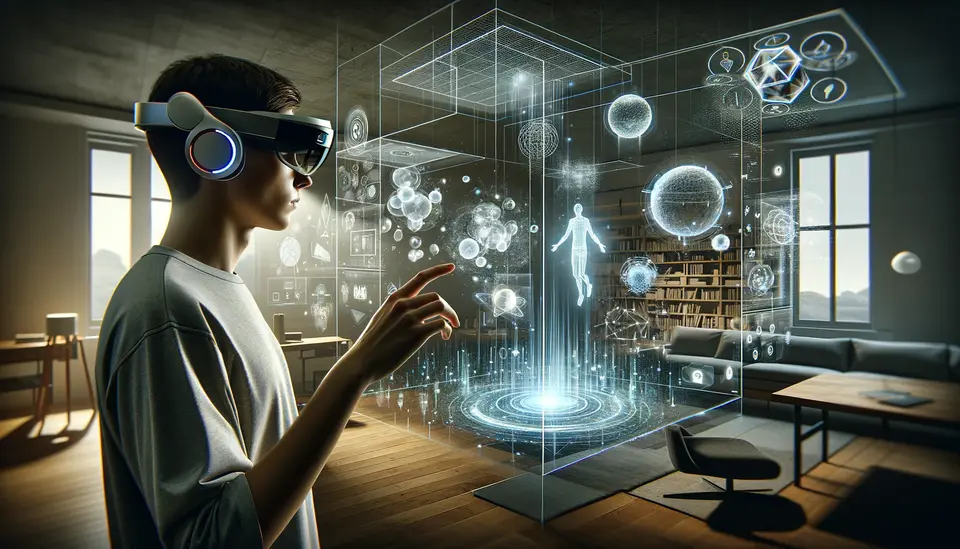 A futuristic scene blending physical and digital worlds, where a person wearing smart glasses interacts with both real objects and holographic virtual elements seamlessly. This moment captures the essence of mixed reality, showing the user engaging with a dynamic, immersive environment where digital objects integrate perfectly into the physical space around them. The scene is set in a modern, well-lit room with minimalist design, emphasizing the clarity and integration of the mixed reality experience. Virtual elements might include floating digital displays, interactive 3D models, and holographic projections that respond to the user's gestures. The person is focused, manipulating these elements with natural movements, embodying the seamless interaction between real and virtual. 