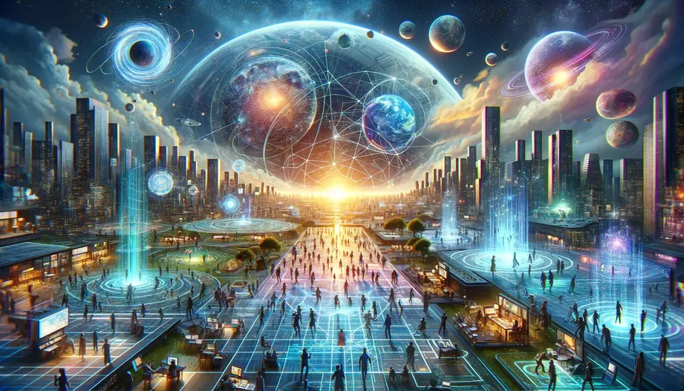 An expansive visualization of the Metaverse, presenting a blend of digitally enhanced physical realities, augmented reality (AR), and the internet ecosystem. This wide image captures a collective virtual shared space where digital and physical worlds merge seamlessly. It features futuristic cities, digital landscapes, and vibrant virtual interactions, highlighting users engaging in a variety of activities such as exploration, socialization, and creation. The scene is adorned with vibrant colors, holographic displays, and showcases the diverse experiences offered by the Metaverse, emphasizing its role in transforming virtual connections and interactions beyond physical geography.